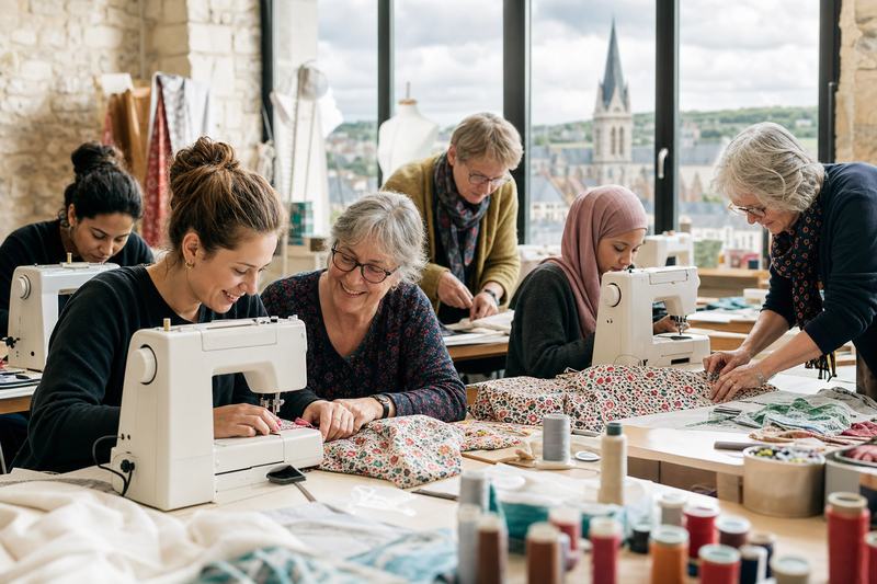A sewing machine and fabric on a workshop table